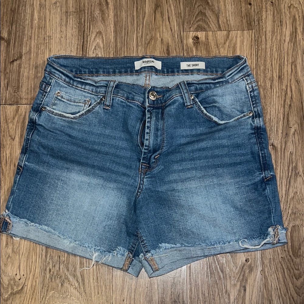 Kensie Medium Blue Frayed Hem Denim Shorts